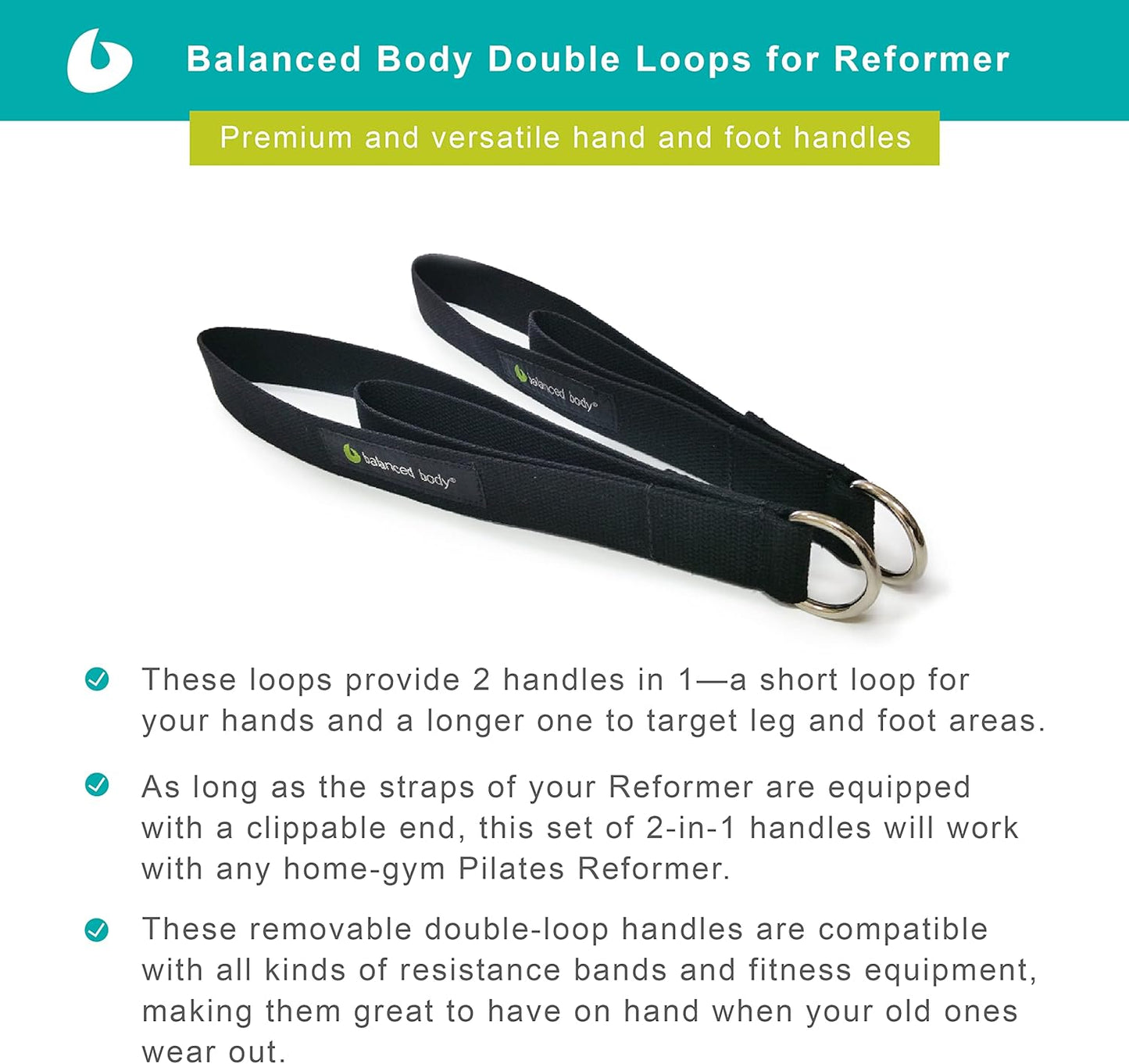 Balanced Body Double Loops, Foot and Hand Straps, Accessories for Pilates Equipment, Workout Equipment for Home Gym or Studio Use, 1 Pair