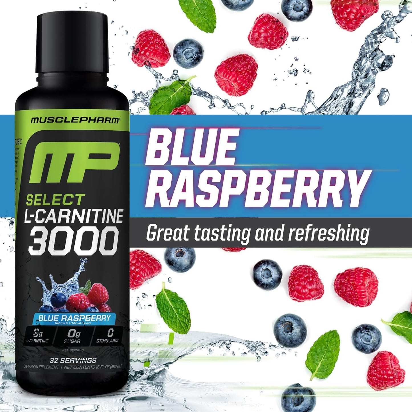 Muscle Pharm L-Carnitine 3000, The Ultimate Liquid L Carnitine Supplement for High-Performance, Supports Metabolism, Hydration & Energy, Zero Sugar/Calories, Blue Raspberry Flavor, 32 Servings