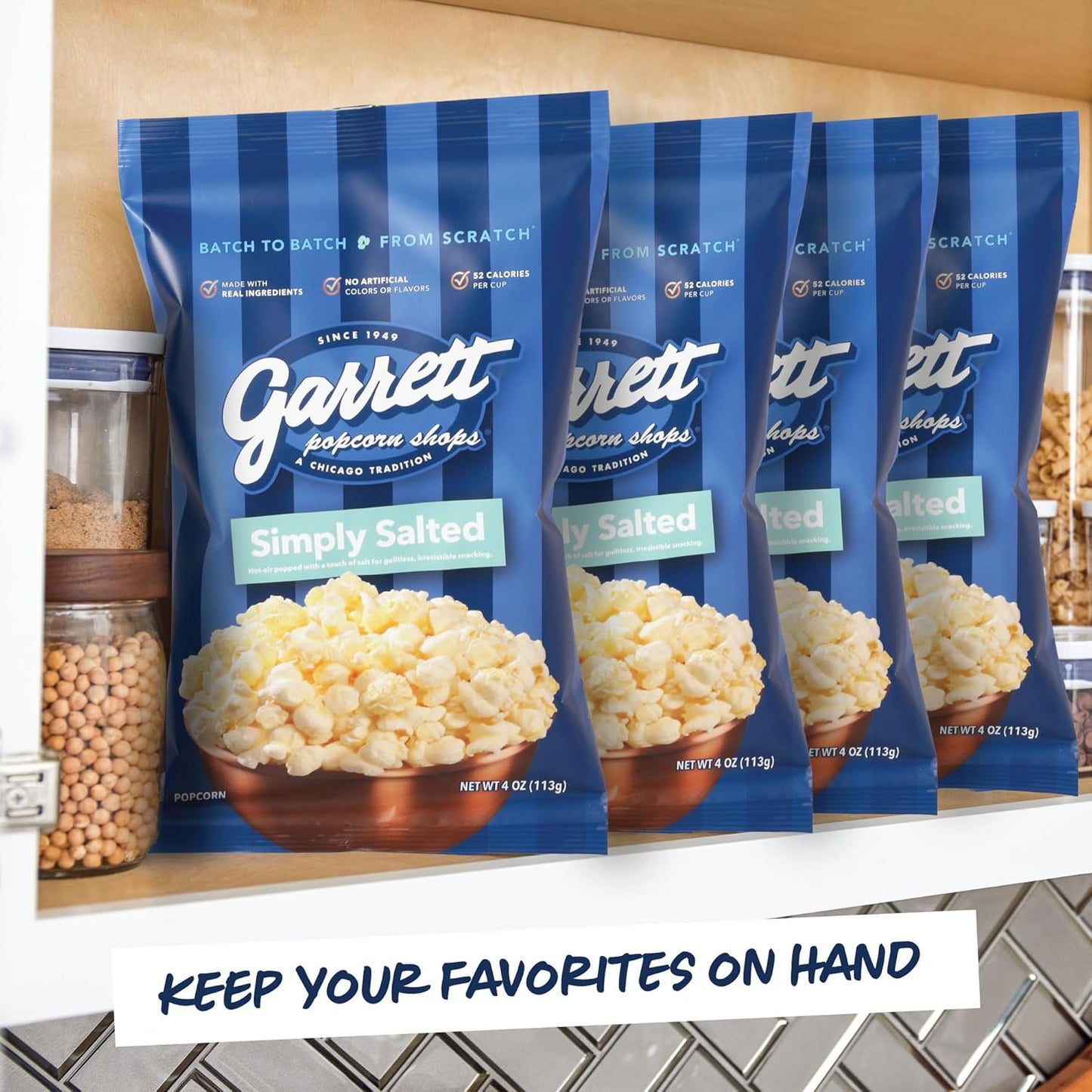 Garrett Popcorn Simply Salted, 4.0oz, 4 Bags, Light Salty Snack, Vegan, Gluten Free, Only 3 Ingredients, Popped Popcorn Bags