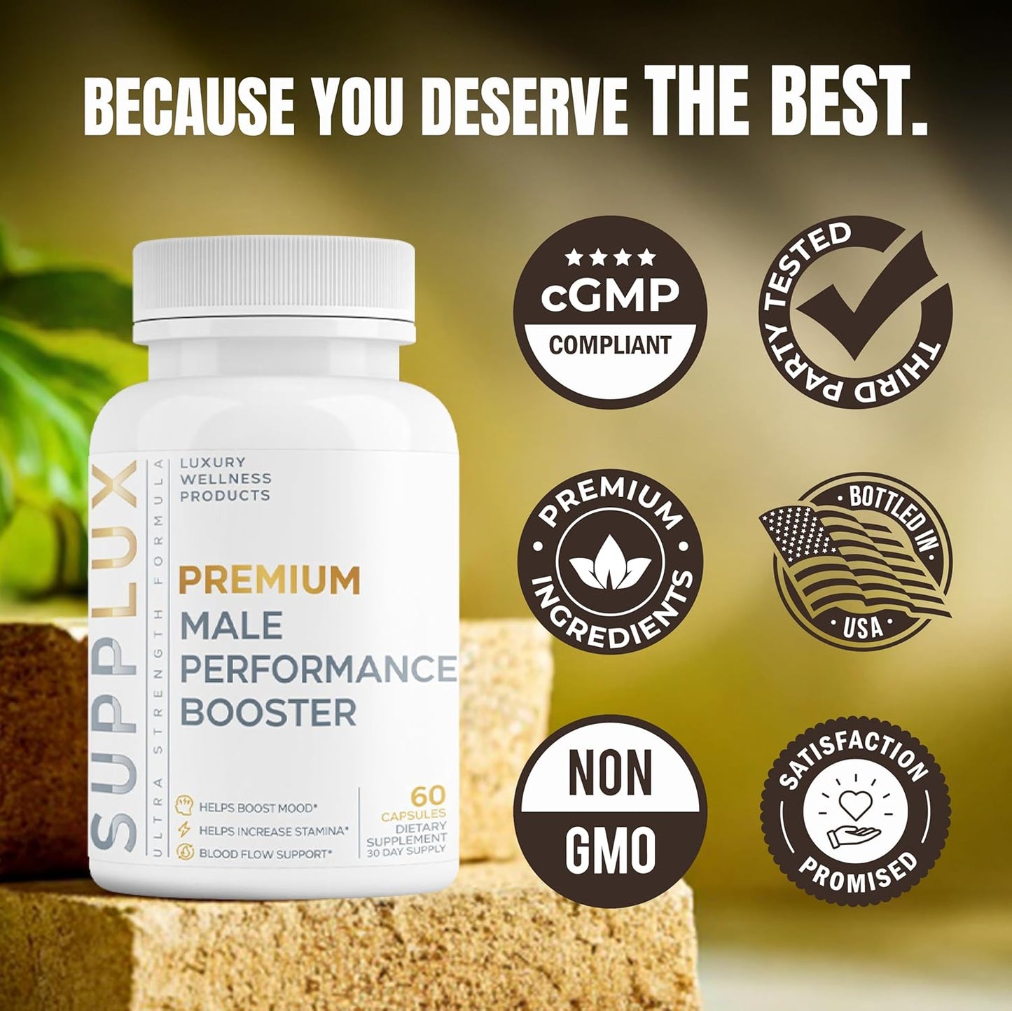 Premium Male Performance Booster - Horny Goat Weed + 8 Ingredients | Pills for Men Fast Acting Blood-Flow, Muscle Building, Energy | 3rd Party Tested Supplement - 60 Pills for Adults