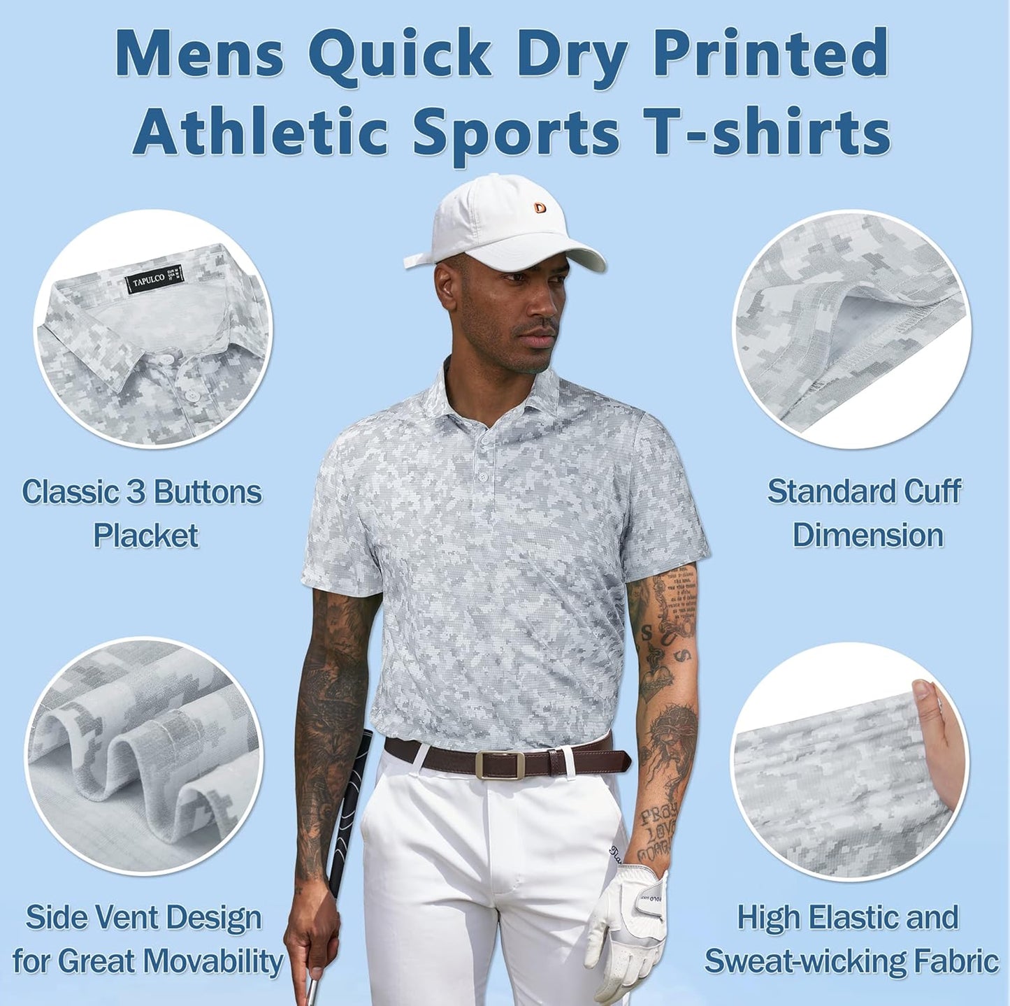 TAPULCO Mens Quick Dry Polo Shirts Camouflage Pattern Performance Athletic Lightweight Breathable Casual Golf Tshirts