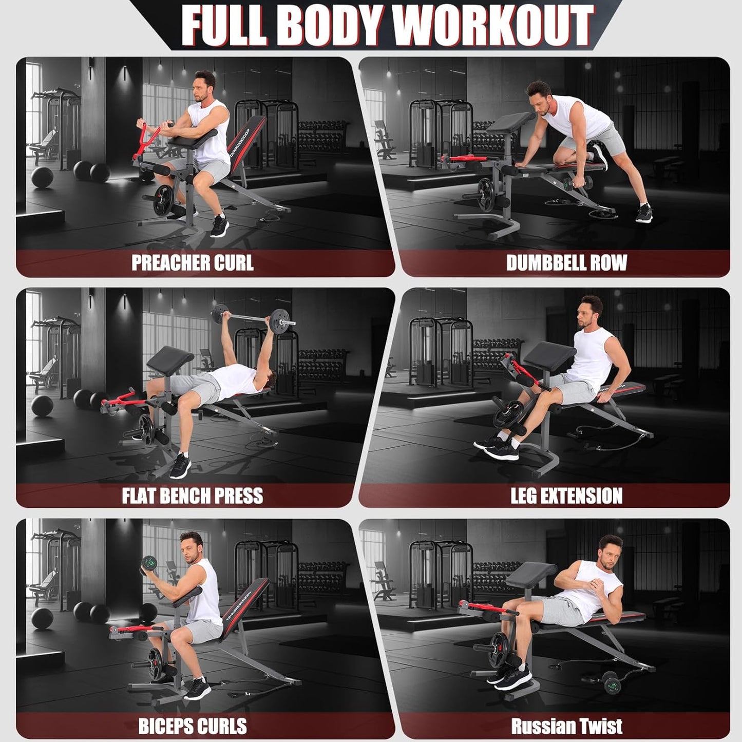 OPPSDECOR 900LBS Adjustable Weight Bench Press with Leg Extension and Preacher Curl Pad, Flat Incline Decline Utility Workout Bench for Home Gym Exercise