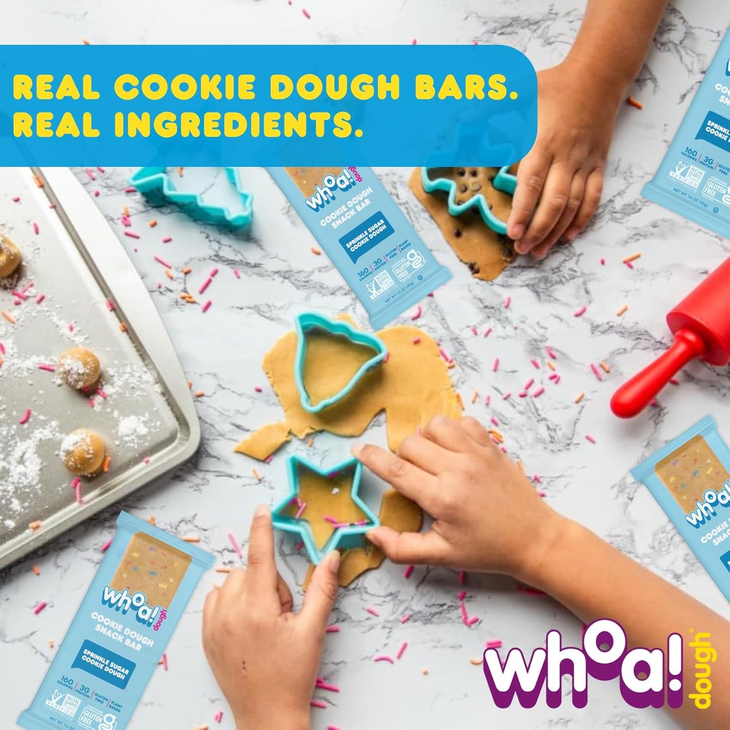 Whoa Dough Edible Cookie Dough Bars- Certified Non-GMO, Kosher and Gluten Free Bars - Healthy Snack Foods - Plant Based Snacks Made With Real Ingredients - Sprinkle Sugar Cookie Dough - 10 Pack