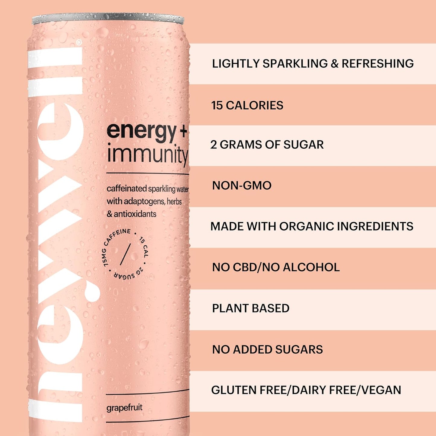 Heywell Sparkling Adaptogenic Water, Energy and Immunity, Grapefruit Flavor, 12 Fluid Ounce (Pack of 12) - Caffeinated, Organic, Non GMO, Vegan, Gluten Free, Dairy Free