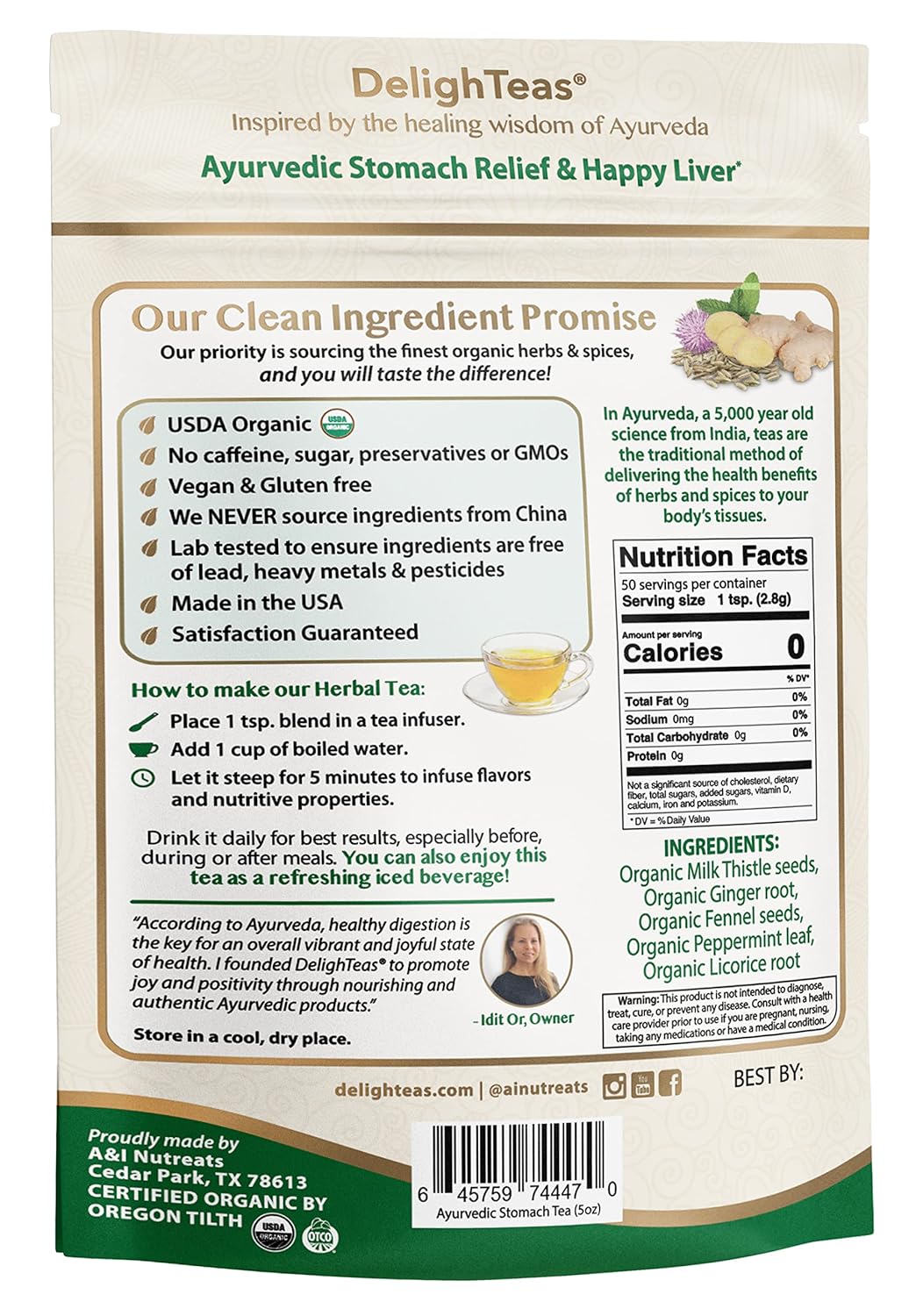 DelighTeas Liver Detox tea | Stomach Relief & Liver Cleansing | Ayurvedic Loose Leaf Milk Thistle, Fennel, Ginger Tea for Digestion | USDA Organic, Vegan, Caffeine Free, Sugar Free | 50 Servings, 5oz