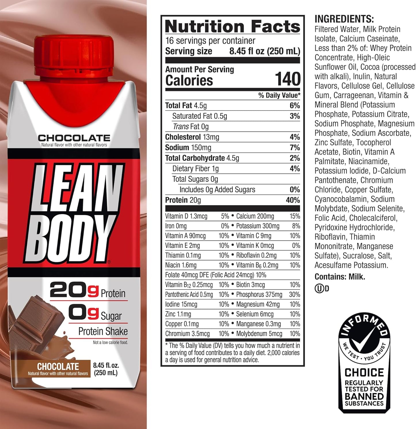 Labrada Lean Body Ready-to-Drink Chocolate Shake, 20g Protein, Whey Blend, 0 Sugar, Gluten Free, 22 Vitamins & Minerals, (Recyclable Carton & Lid - Pack of 4)