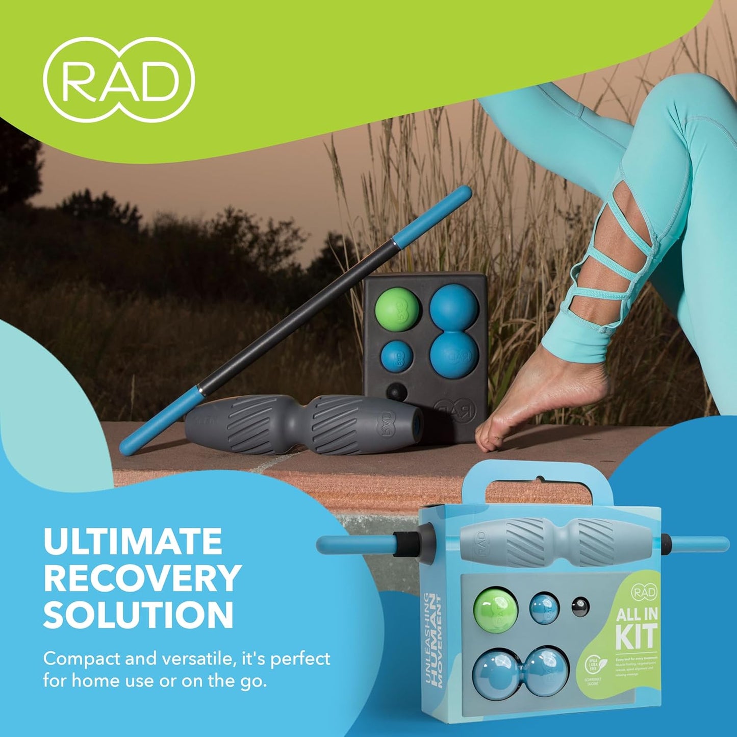 RAD All-in Kit – 7-in-1 Foam Roller Set for Myofascial Release – Includes Massage Roller Stick, Yoga Block, Massage Balls - Muscle Recovery Tools for Mobility & Flexibility