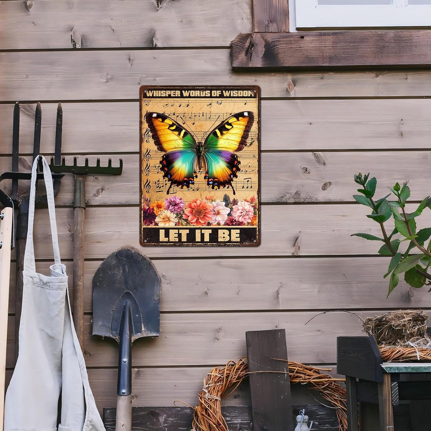 Vintage Garden Tin Sign Whisper Words Of Wisdom Let It Be Retro Butterfly Metal Poster Funny Wall Art Cafe Office Wall Decor for Kitchen Home Bar Pub Club 12 * 16inch