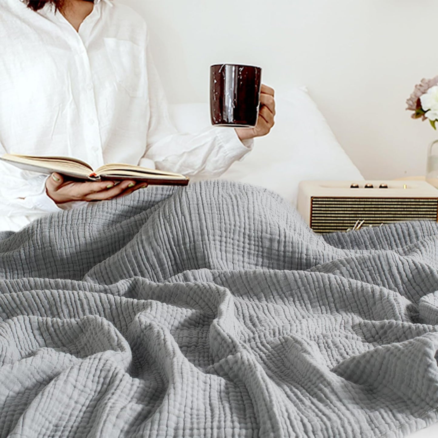 Carriediosa 100% Cotton Muslin Throw Blanket 108" X 90" King Size,4-Layers Summer Gauze Throws for Bed Couch,Soft Lightweight Breathable Linen Blankets Bedspread for Adults All Season,Grey