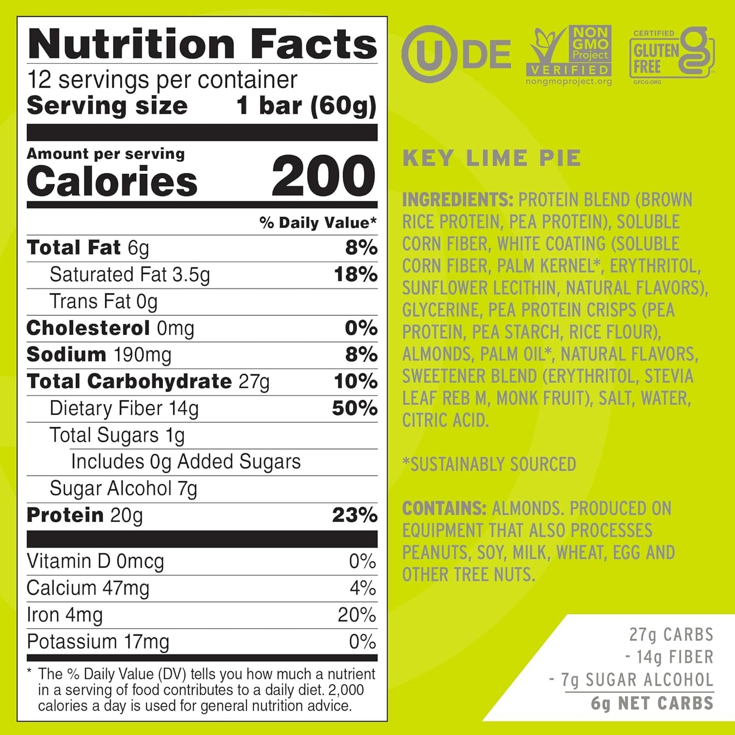 No Cow High Protein Bars, Dipped Key Lime Pie - Healthy Snacks, 20g Vegan Protein, High Fiber, Low Sugar, Keto Friendly, Dairy & Gluten Free (12 Count)