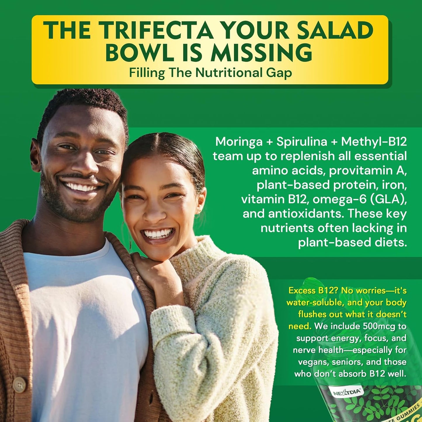 Organic Moringa Gummies 1000mg - Whole Food Green Superfood, Rich in Vegan Protein, Fiber, B-Complex, Potassium, Magnesium, Calcium - w/Spirulina, Saffron, Ashwagandha for Energy & Gut Health, 120Cts