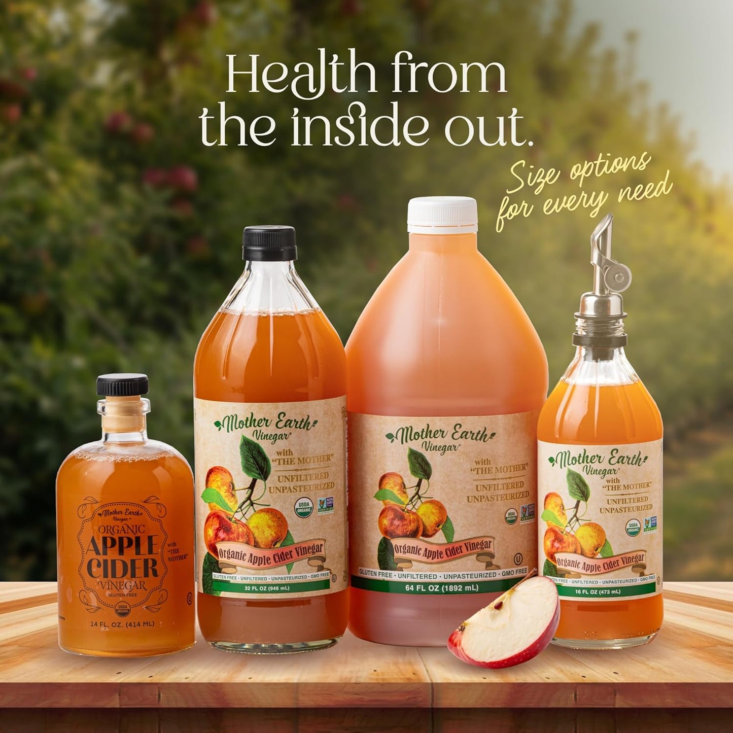 Mother Earth, Organic Apple Cider Vinegar with The Mother, Half Gallon, Fresh Pressed Organic Apples, OACV, ACV, Raw, Unpasteurized, Unfiltered (1/64oz Bottle)