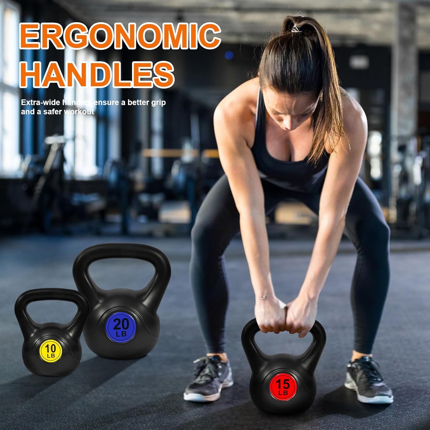 Fitvids Wide Grip 3-Piece or 4-Piece Kettlebell Exercise Fitness Weight Set, Include 5 lbs, 10 lbs, 15 lbs and 20 lbs, Set of 3 or Set of 4