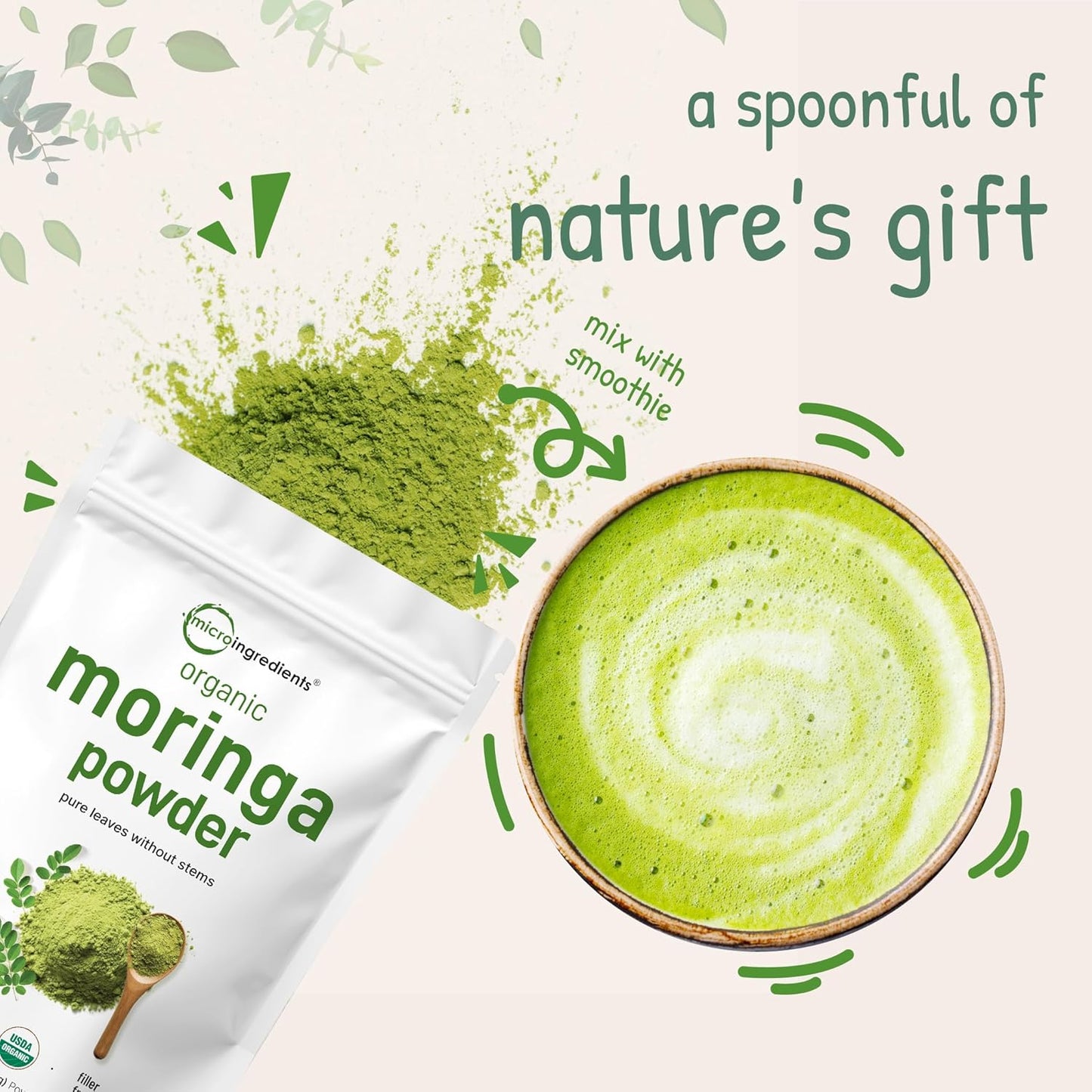 Organic Moringa Oleifera Leaf Powder, 2 Pounds, Rich in Antioxidants and Immune Vitamin, Great Superfoods for Moringa Tea, Moringa Drink, India Grown, Vegan
