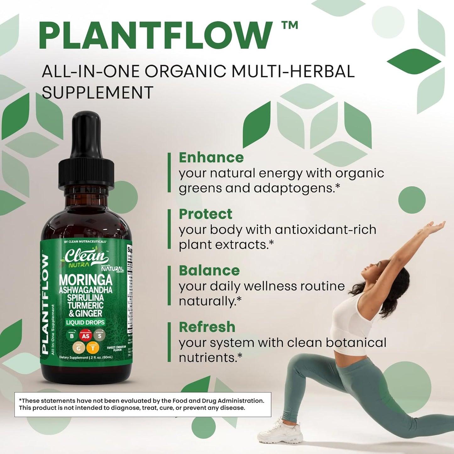 Clean Nutra Moringa Supplement Drops Ashwagandha Spirulina Chlorella Turmeric & Ginger Liquid Barley Grass with Chlorophyll Blue Green Algae Vitamin C Antioxidant Holy Basil Ceylon Cinnamon PlantFlow