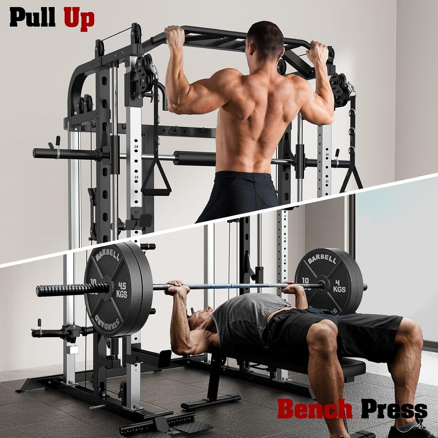 Smith Machine, Multifunctional Power Cage Rack with Smith Bar and Cable Pulley System, and LAT Pull Down Machine for Home Gym…