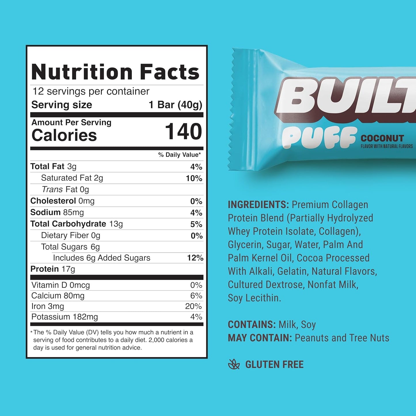 Built Bar, Puff Protein Bars, Coconut Puff, 17g Protein Snacks, On-The-Go Bars, Only 140 Calories, 6g Sugar, Collagen, Gluten Free, 12 Count