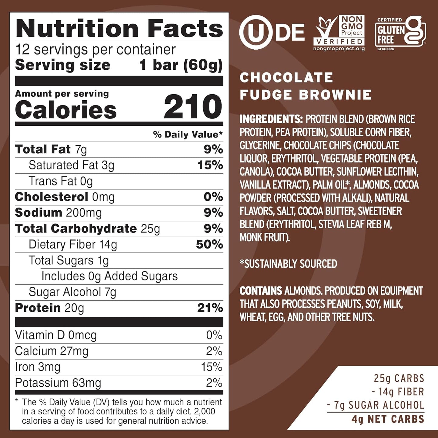 No Cow High Protein Bars, Chocolate Fudge Brownie - Healthy Snacks, 20g Vegan Protein, High Fiber, Low Sugar, Keto Friendly, Dairy & Gluten Free (12 Count)