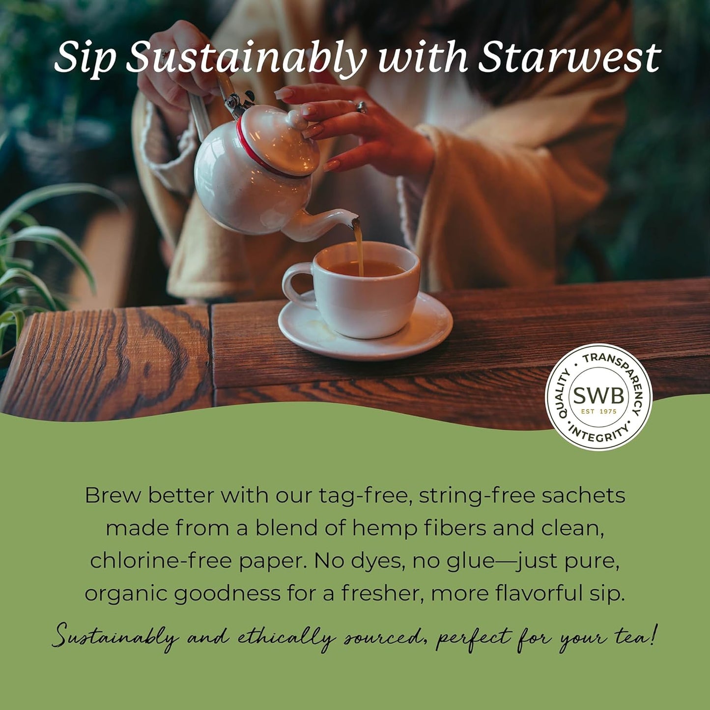 Starwest Botanicals Organic Decaf Green Tea - Decaffeinated Herbal Tea, Caffeine Free Tea with Antioxidant Properties, String Free Sachets, USDA Organic Green Tea Leaf, Non GMO - 20 Tea Bags