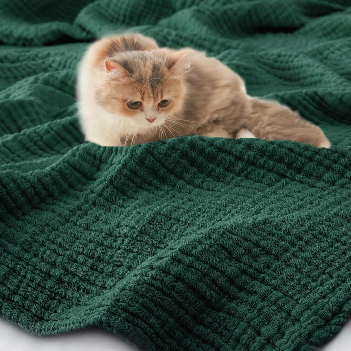 Carriediosa 100% Cotton Muslin Throw Blanket 108" X 90" King Size,4-Layers Summer Gauze Throws for Bed Couch,Soft Lightweight Breathable Linen Blankets Bedspread for Adults All Season,Dark Green