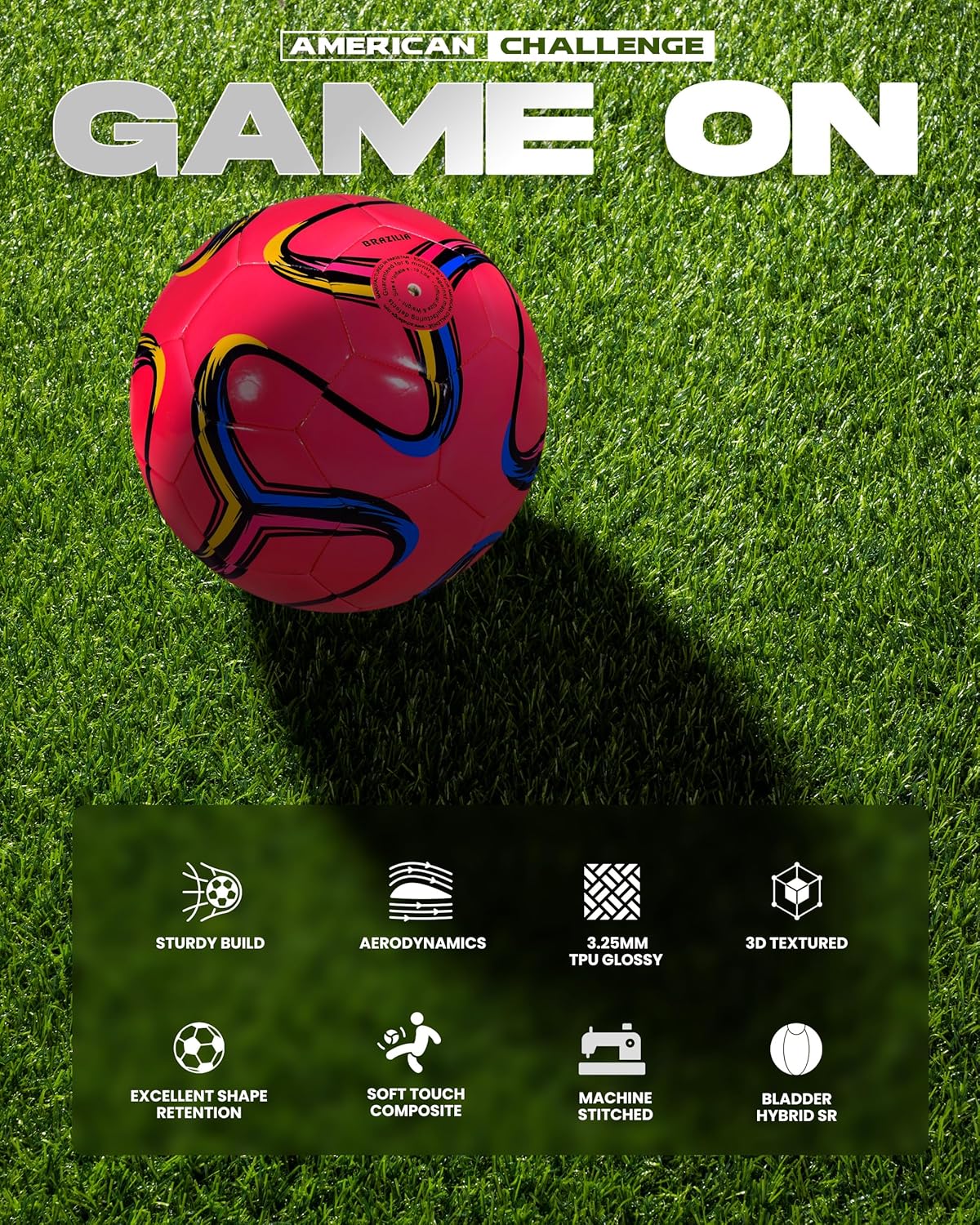 American Challenge Brasilia Soccer Ball – Soccer Ball Size 5, 4, 3 & 2 – for Youth & Adults – Ideal for Practice, Training & Grass Fields