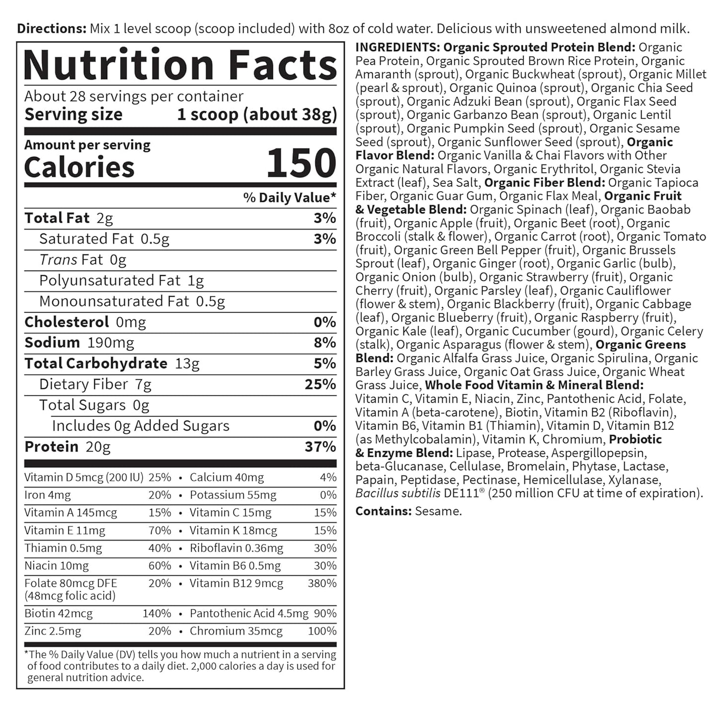 Garden of Life Meal Replacement Shakes, Raw Organic, Vanilla Chai Protein Powder with Plant Based Pea Protein, Sprouts, Greens, Probiotics, Dairy Free 28 Servings