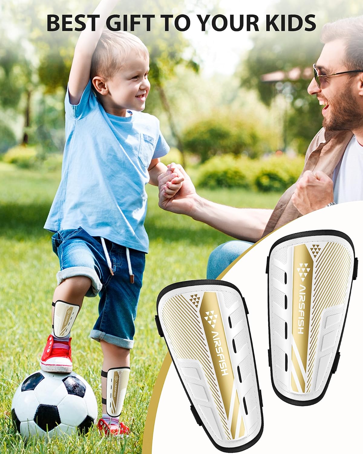 Shin Guards Soccer Kids Youth, CE Certified Airsfish Shin Guard Protection Gear for 2-18 Years Old Boys Girls Teenagers High Impact Resistant Breathable Comfortable 1 Pair 4 Sizes