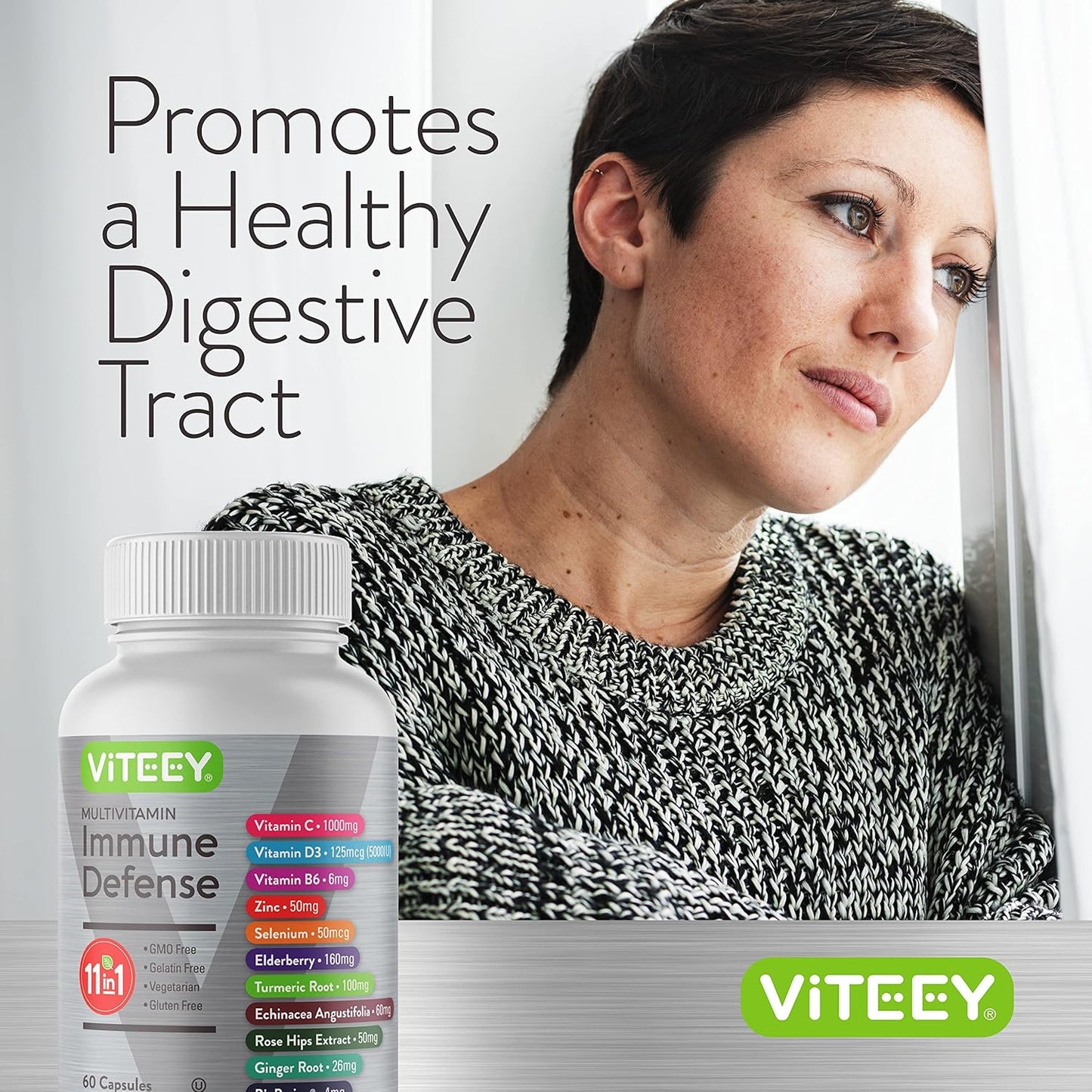 Viteey 11 in 1 Immune Support Supplement - Immune Defense with Vitamin D3, B6, Echinacea, Turmeric, Rose-HIPS, Selenium, BioPerine, Ginger, Elderberry Vitamin C and Zinc - 60 Count