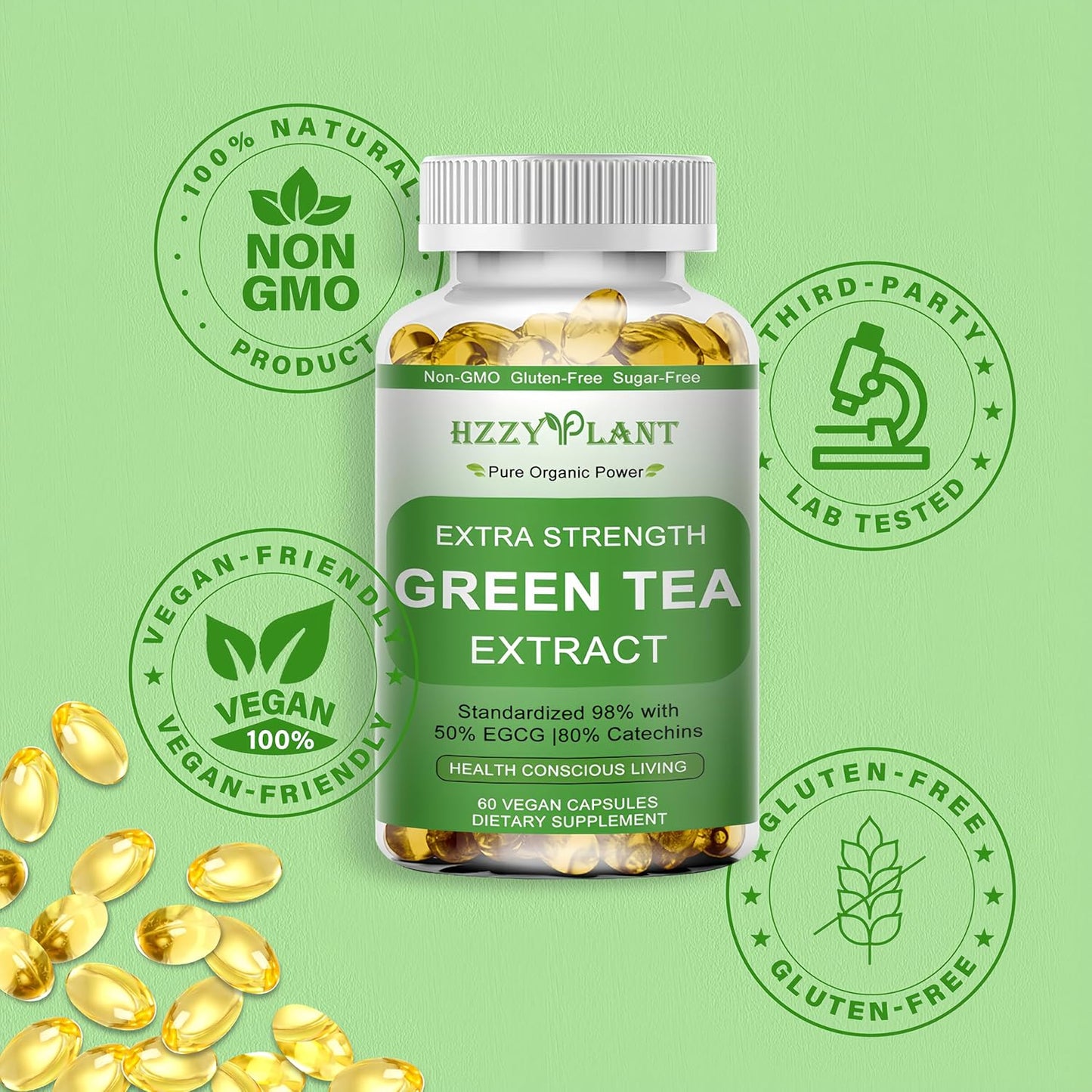 Green Tea Extract Softgels, High Absorption Green Tea Softgel Capsules for Energy Metabolism Antioxidant Immune Skin Heart Support, Herbal Supplement 50% EGCG for Men & Women,Non-GMO,2 Month Supply
