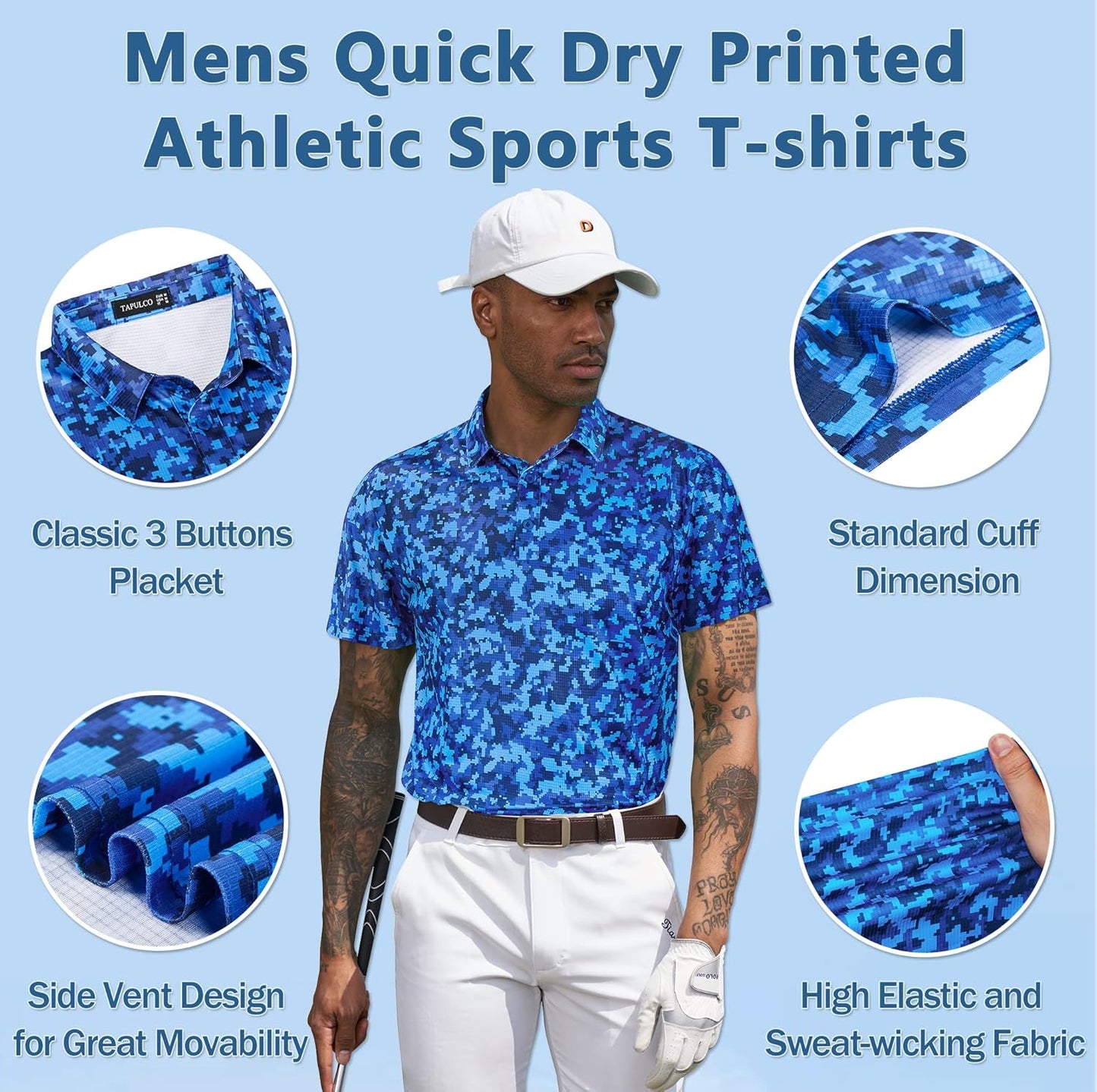 TAPULCO Mens Quick Dry Polo Shirts Camouflage Pattern Performance Athletic Lightweight Breathable Casual Golf Tshirts