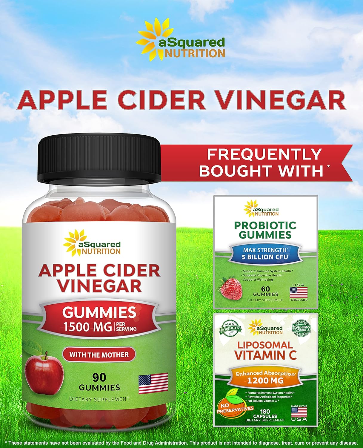 aSquared Nutrition Apple Cider Vinegar Gummies - 1500mg with The Mother - 90 ACV Gummies w/Vitamin B6 & B12, Folic Acid - Vegan Gummy Supplement Alternative to Capsules Pills & Drink