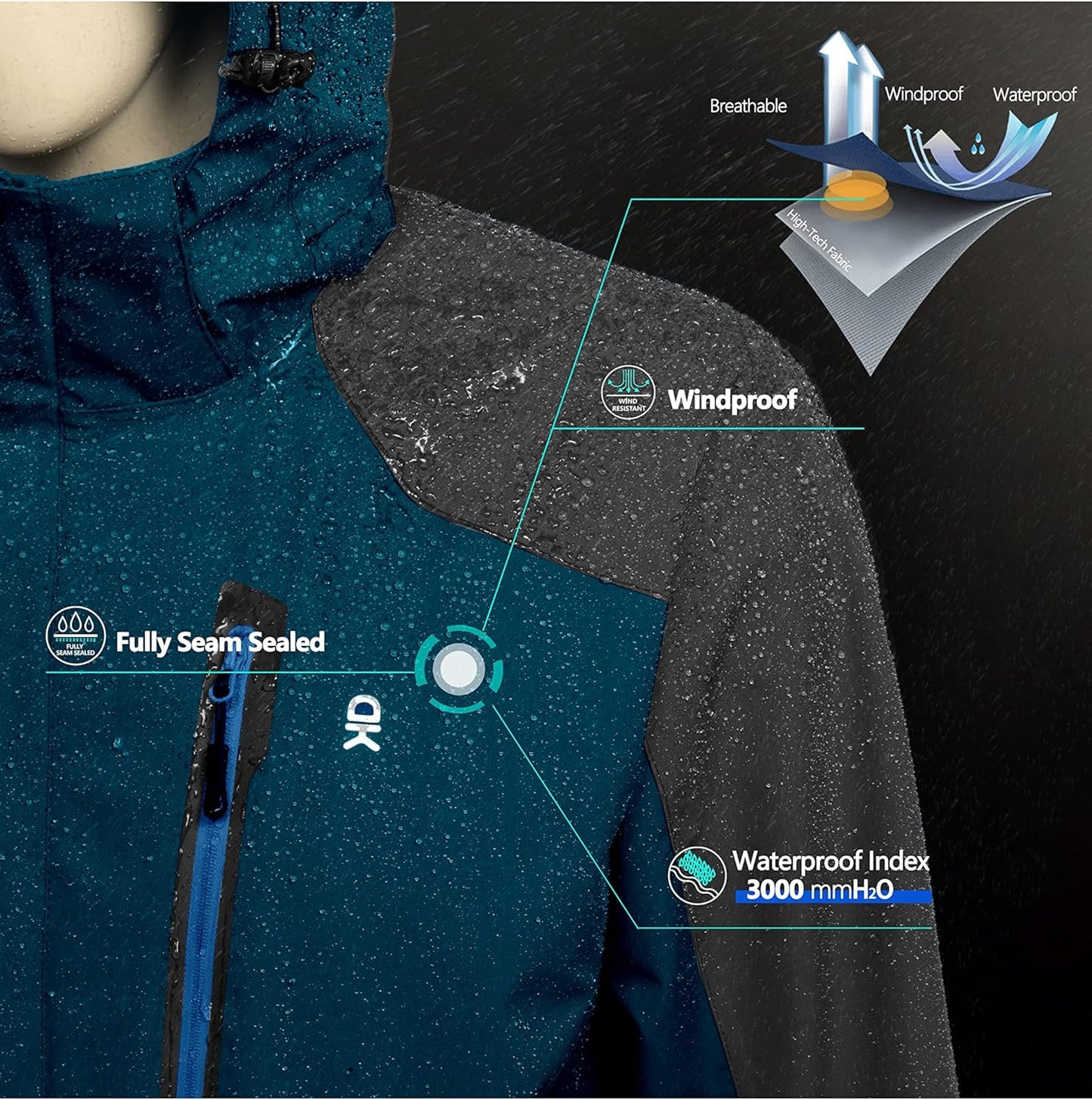 Little Donkey Andy Men's Waterproof Rain Jacket Outdoor Lightweight Hooded Raincoat for Hiking Golf Travel Fishing