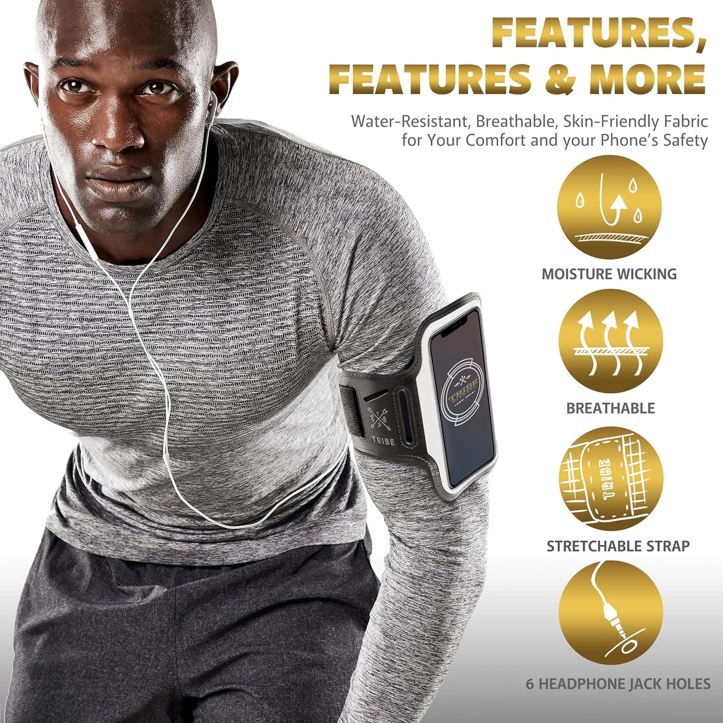 TRIBE Running Phone Holder Armband. iPhone & Galaxy Cell Phone Sports Arm Bands for Women, Men, Runners, Jogging, Walking, Exercise & Gym Workout. Fits All Smartphones. Adjustable Strap, CC/Key Pocket