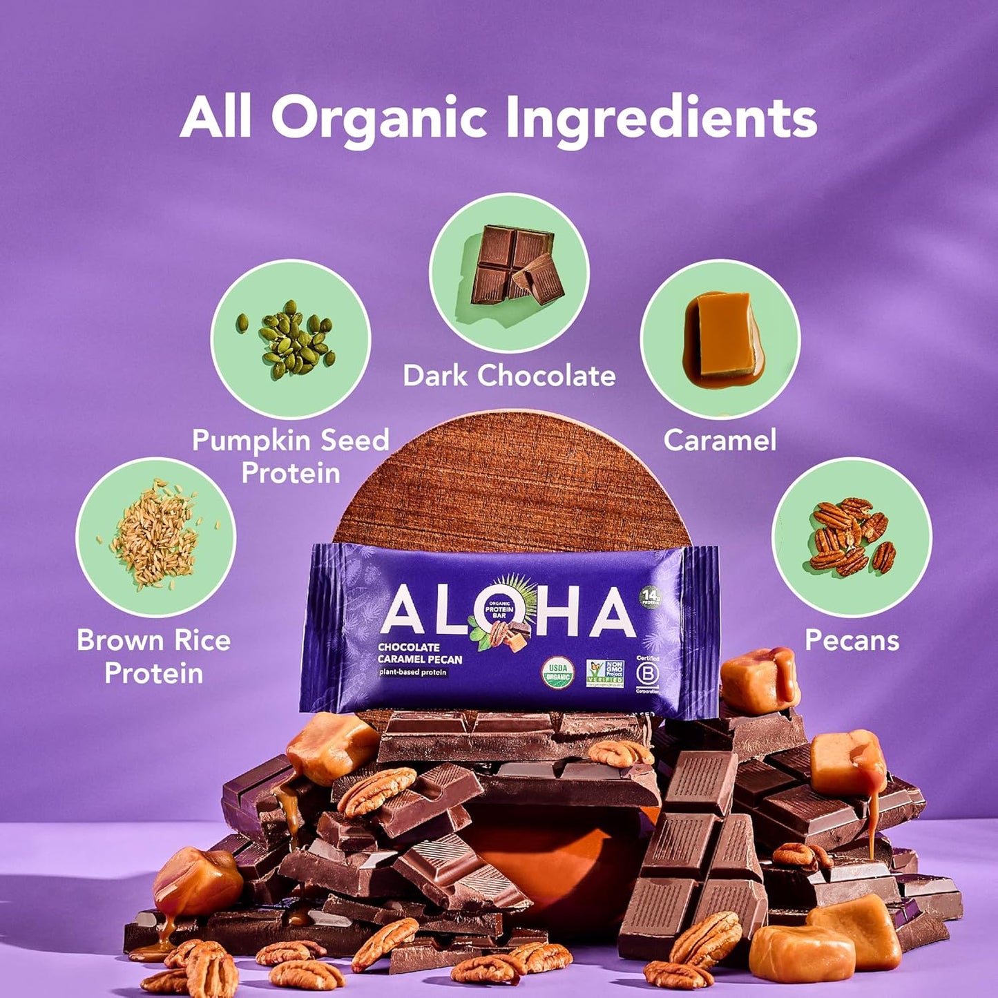 ALOHA Organic Plant Based Protein Bars | Chocolate Caramel Pecan | 12 Count, 1.98oz Bars | Vegan, Low Sugar, Gluten Free, Paleo Friendly, Low Carb, Non-GMO, Stevia Free, Soy Free, No Sugar Alcohol Sweeteners