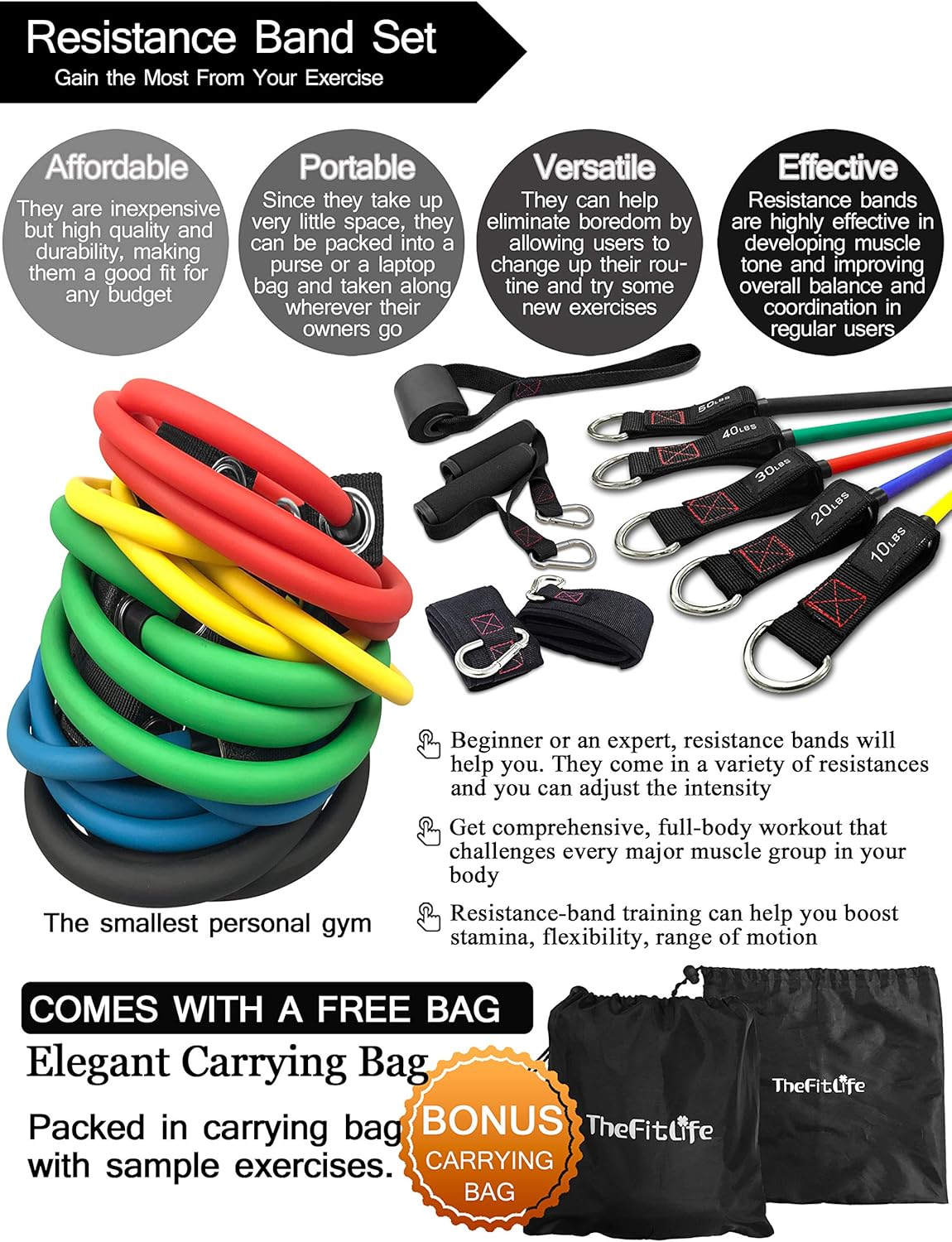 TheFitLife Resistance Bands with Handles - Designed for American Body Types, Exercise Workout Tubes for Men, Women, Includes Large Handles, Ankle Straps, Door Anchor, Fitness Levels