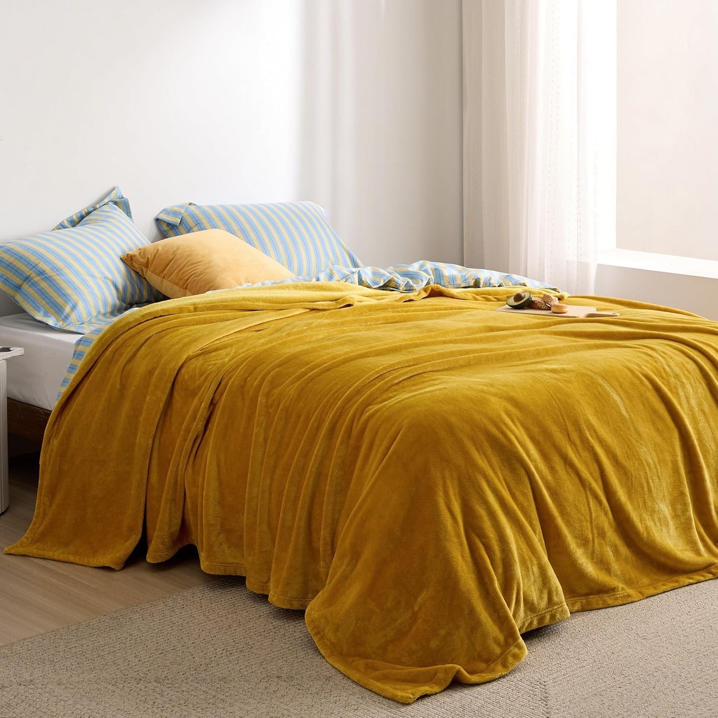 Bedsure Fleece Blanket Queen Blanket Gold Yellow - Bed Blanket Soft Lightweight Plush Fuzzy Cozy Luxury Microfiber, 90x90 inches