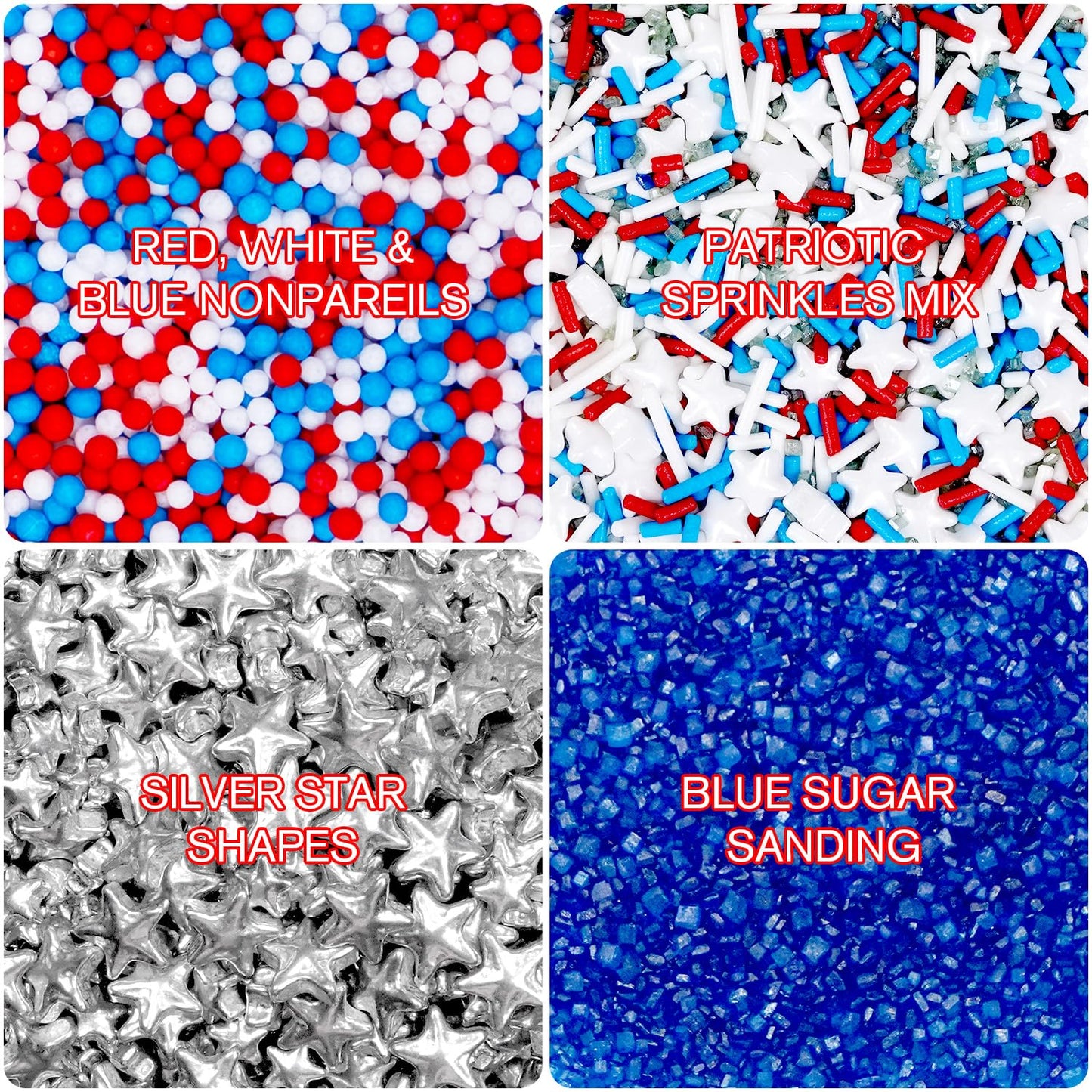 4th of July Sprinkles, Patriotic Sprinkle, Red White and Blue Sprinkles for Cupcakes Cake Decorating, Silver Star Mix, 160g/5.64oz, Cake Decorations, Baking Ice Cream Toppings