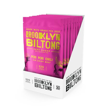 Brooklyn Biltong Air Dried Grass Fed Beef Snack, South African Beef Jerky (2 oz, Pack of 8) - Whole30 Approved, Paleo, Keto, Gluten Free, Sugar Free, Made in USA - (Peri Peri)