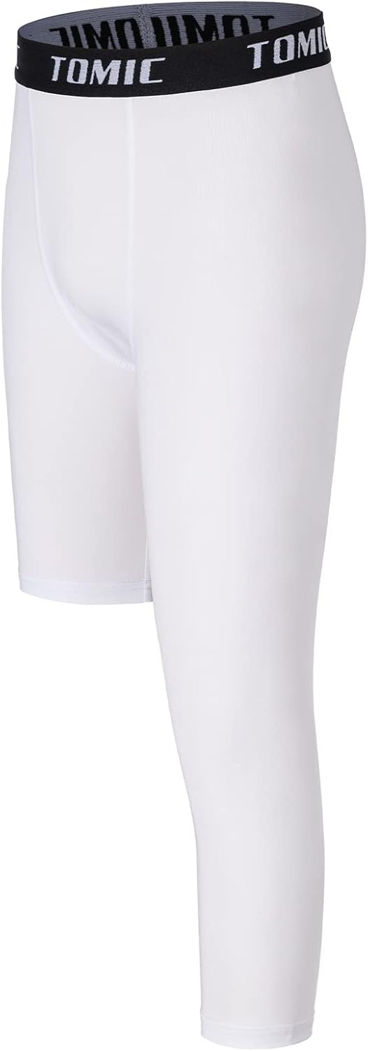 Tomic Youth Boys Kids One Leg 3/4 Leggings Compression Pants for Basketball Soccer Sports Athletic Training Tights Base Layer