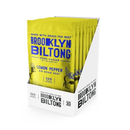 Brooklyn Biltong Air Dried Grass Fed Beef Snack (2 oz, Pack of 8) - Whole30 Approved, Paleo, Keto, Gluten Free, Sugar Free, Made in USA (Lemon Pepper)