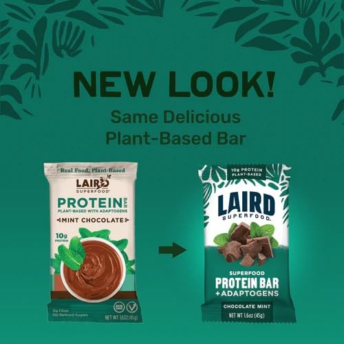 Laird Superfood Functional Protein Bars – Protein Bar but Better with Real Ingredients, Functional Mushrooms 10g Plant-Based Protein, 6g Fiber - Non-GMO - Mint Chocolate, 10 Count (Pack of 1)