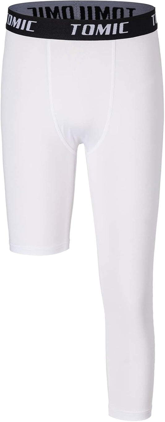 Tomic Youth Boys Kids One Leg 3/4 Leggings Compression Pants for Basketball Soccer Sports Athletic Training Tights Base Layer