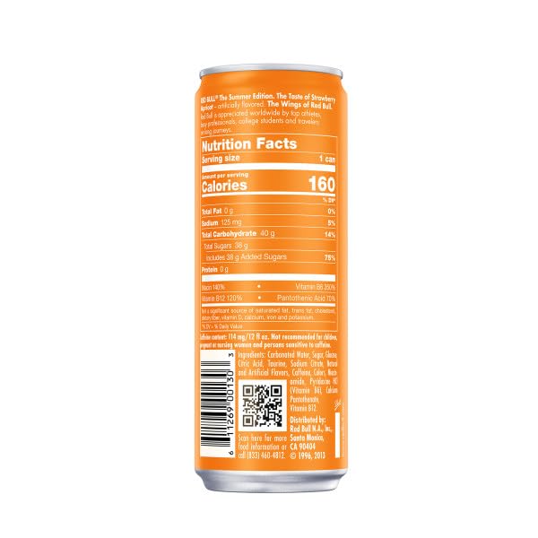 Red Bull Amber Edition Energy Drink, Strawberry Apricot, 114mg Caffeine, 12 fl oz, Pack of 4 Cans