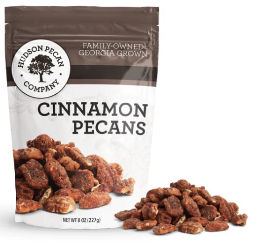 HUDSON PECAN: Cinnamon Pecans Georgia Grown, Family Owned. Cinnamon & Sugar Candy Coated Pecans, Expertly Baked to Perfection, 8oz