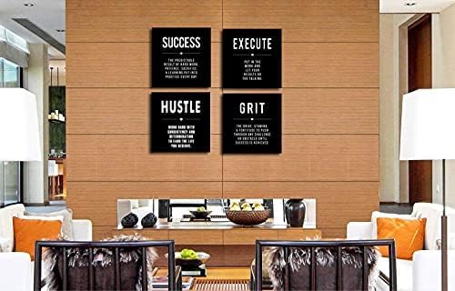 Motivational Grit Success Execute Success Quotes Canvas Wall Art -Inspirational Office Wall Art Poster Quotes - Canvas Artwork Picture Print Framed for Home Bedroom Office Wall Decor-16 x16 x4pcs