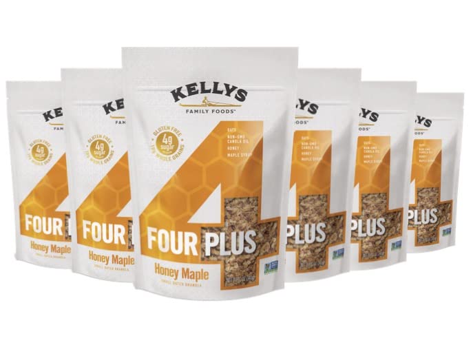 Kelly's Four Plus Granola (Honey Maple) Healthy Granola Cereal with Whole Grain Oats, Honey, Maple Syrup - Non-GMO, Low Sugar, Sodium Free and Gluten Free for Yogurt - 12oz - Pack of 6