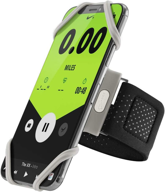 BONE Run Tie, Running Cell Phone Holder, Skin-Friendly & Washable Silicone Sport Armband, Universal Workout Phone Carrier Compatible with Most Smartphone (Gray - Size S/Arm Size 7.9-9.8'')