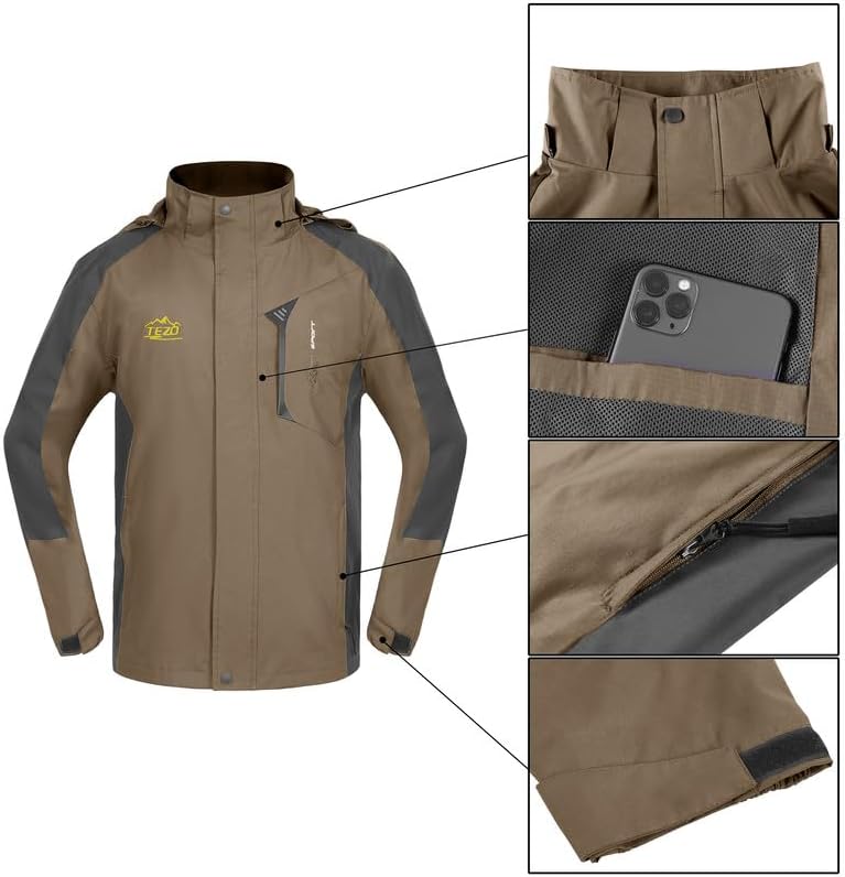 TEZO Mens Rain Jacket Waterproof with Hooded Hiking Coat Lightweight Windbreaker