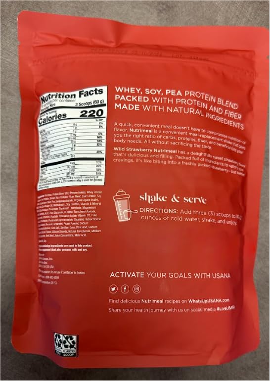 USANA Nutrimeal Meal Replacement Shake - Wild Strawberry - NON-GMO - Gluten Free - Low Glycemic - 540 Grams - 9 Servings
