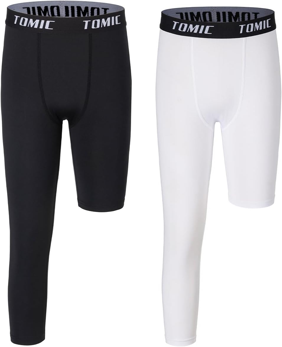 Tomic Youth Boys Kids One Leg 3/4 Leggings Compression Pants for Basketball Soccer Sports Athletic Training Tights Base Layer